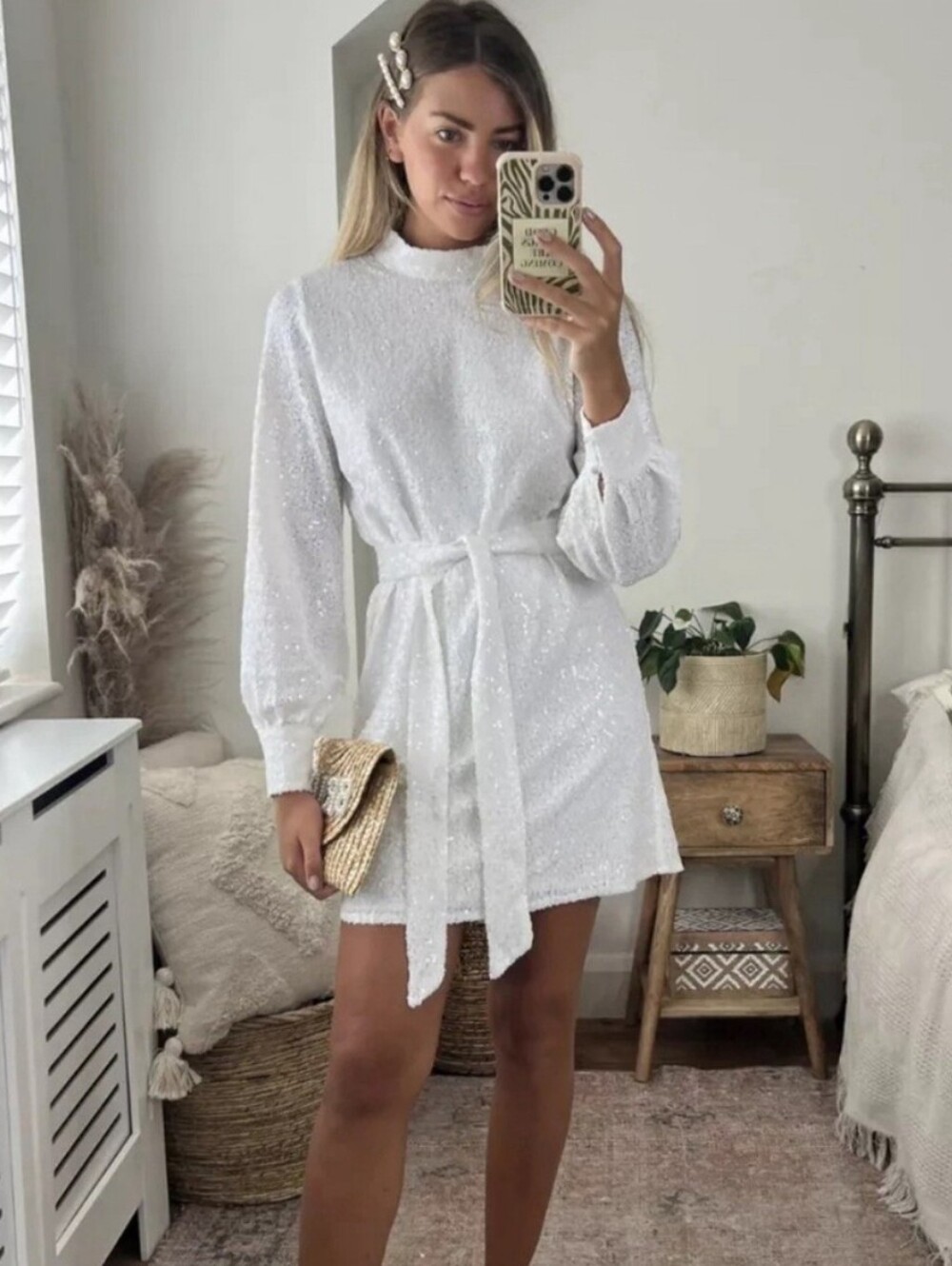 White Sequin Long-Sleeve Tie-Waist Mini Dress